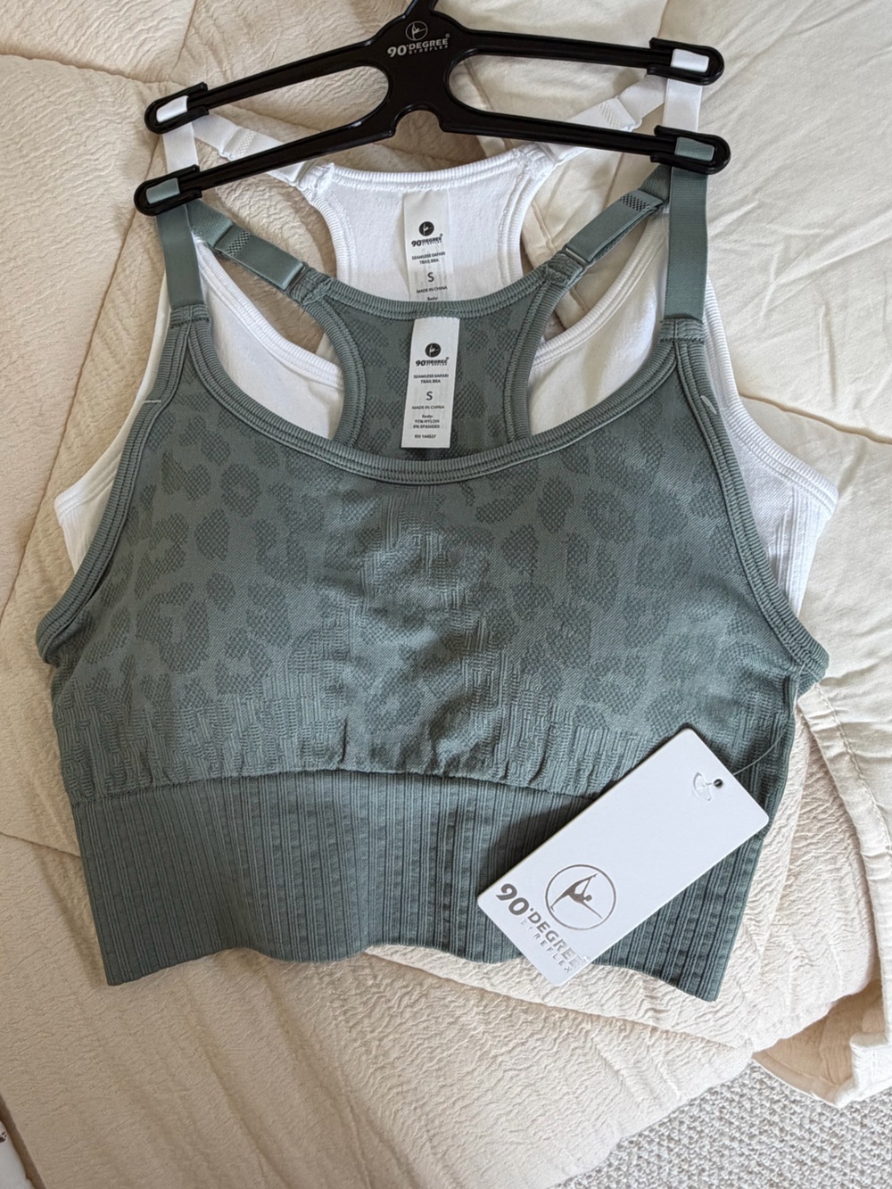 90 Degree By Reflex Sage Green & White Racerback Sports Bra